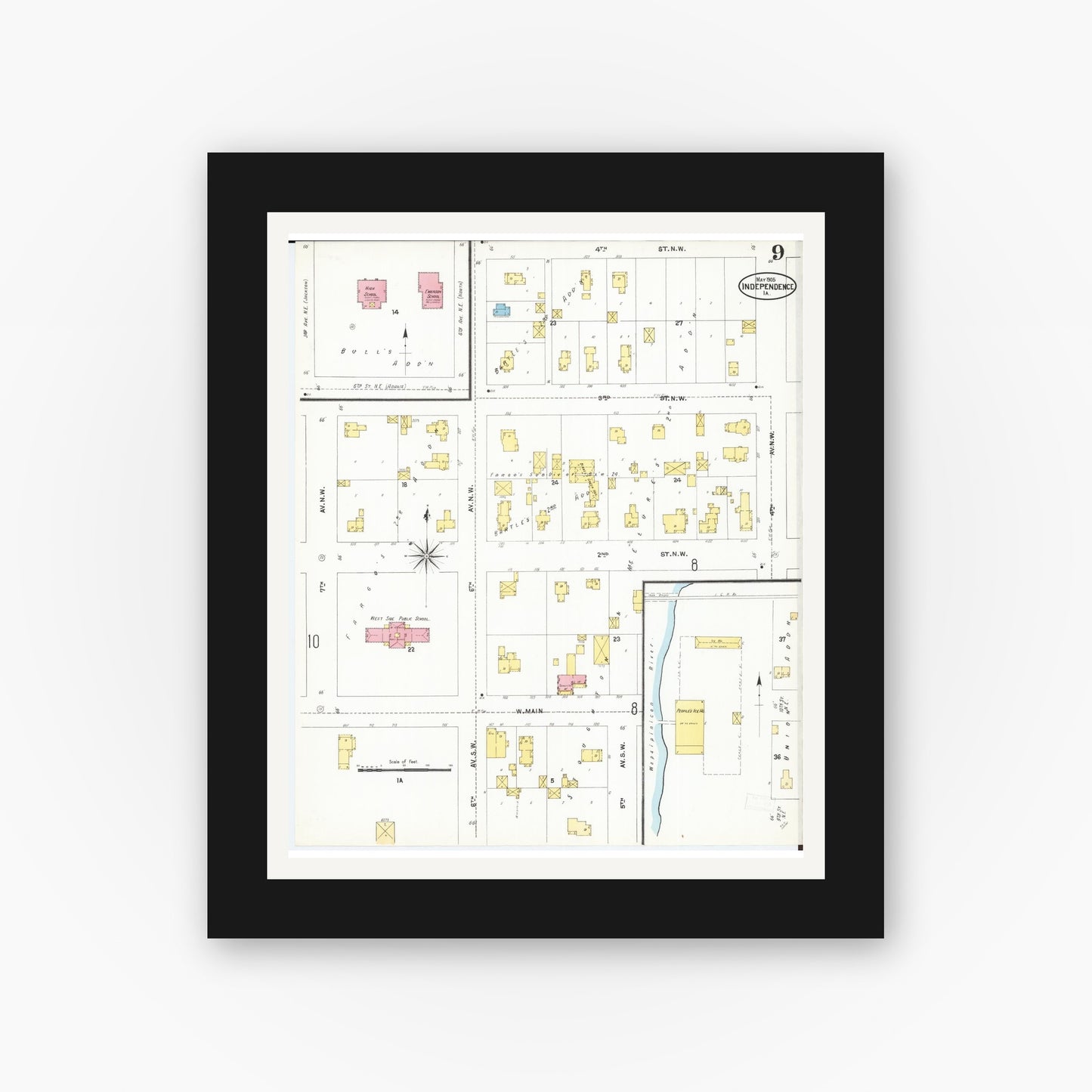 Old map wall art mockup — black gallery frame with white mat — Sanborn Fire Insurance Map from Independence, Buchanan County, Iowa (1905), Sheet #0009