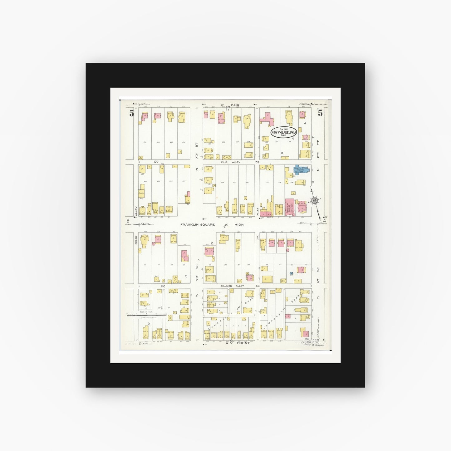 Old map wall art mockup — black gallery frame with white mat — Sanborn Fire Insurance Map from New Philadelphia, Tuscarawas County, Ohio (1926), Sheet #0005