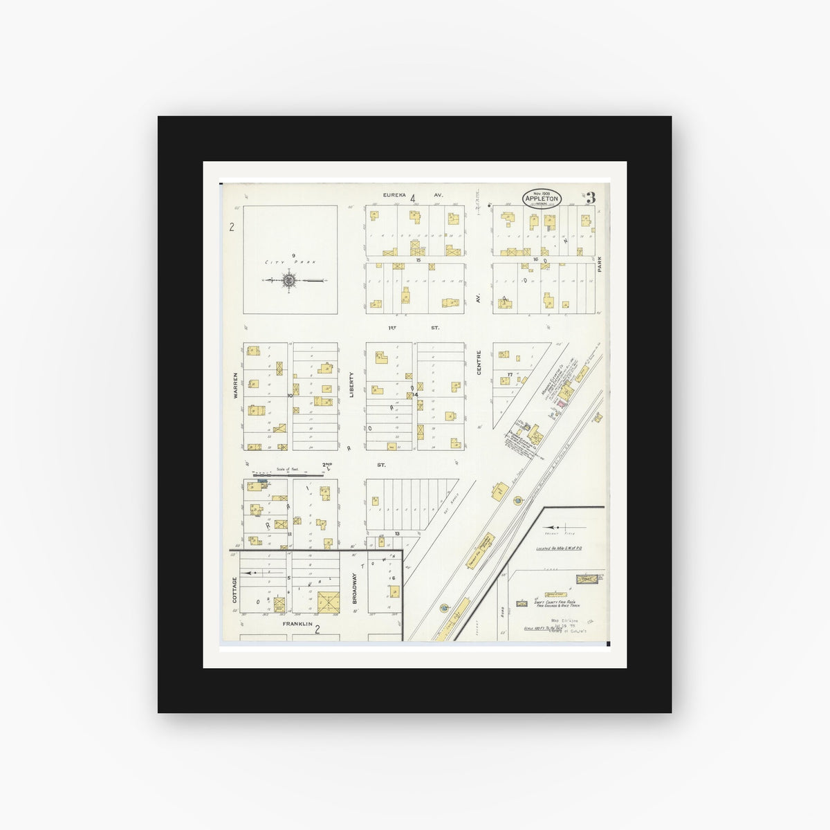 Old map wall art mockup — black gallery frame with white mat — Sanborn Fire Insurance Map from Appleton, Swift County, Minnesota (1909), Sheet #0003