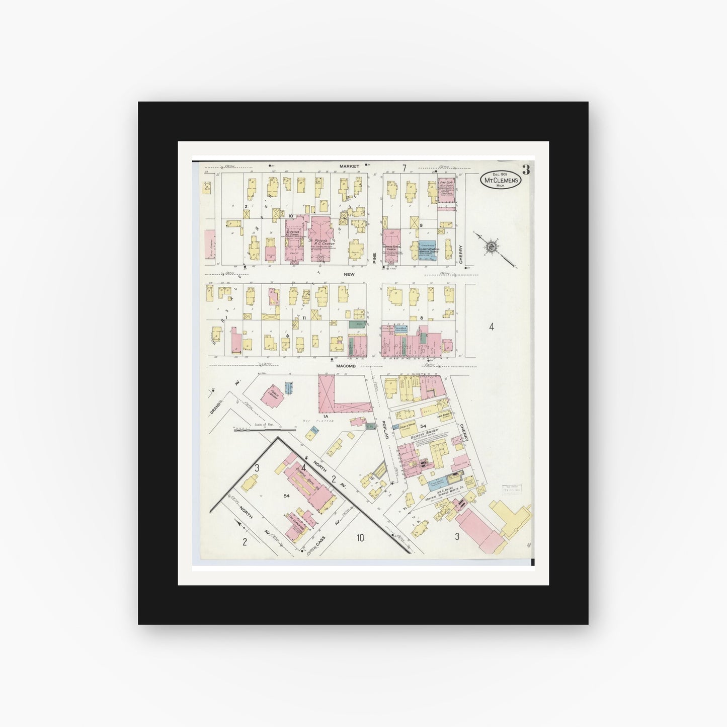 Old map wall art mockup — black gallery frame with white mat — Sanborn Fire Insurance Map from Mount Clemens, Macomb County, Michigan (1909), Sheet #0003
