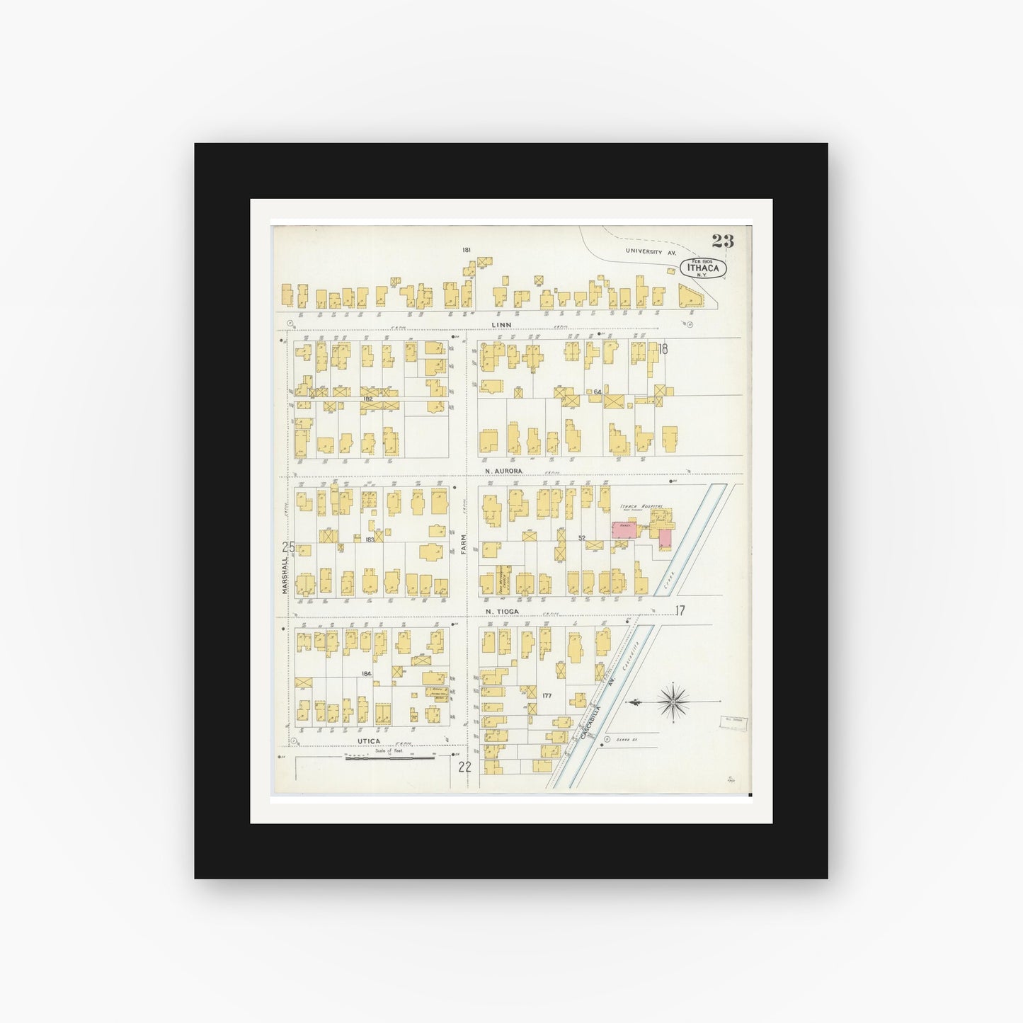 Old map wall art mockup — black gallery frame with white mat — Sanborn Fire Insurance Map from Ithaca, Tompkins County, New York (1904), Sheet #0023