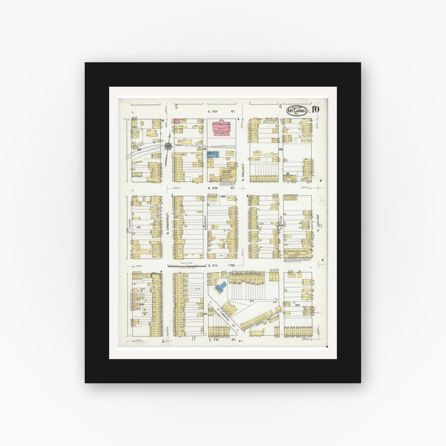 Old map wall art mockup — black gallery frame with white mat — Sanborn Fire Insurance Map from Mount Carmel, Northumberland County, Pennsylvania (1920), Sheet #0010