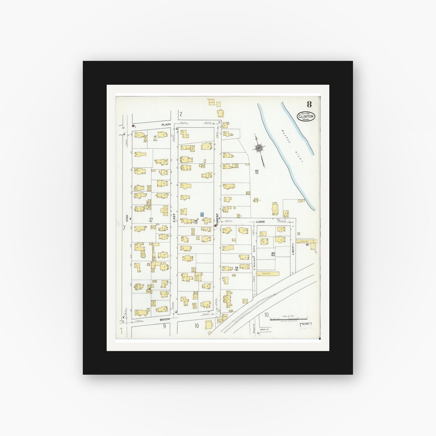 Old map wall art mockup — black gallery frame with white mat — Sanborn Fire Insurance Map from Clinton, Worcester County, Massachusetts (1919), Sheet #0008