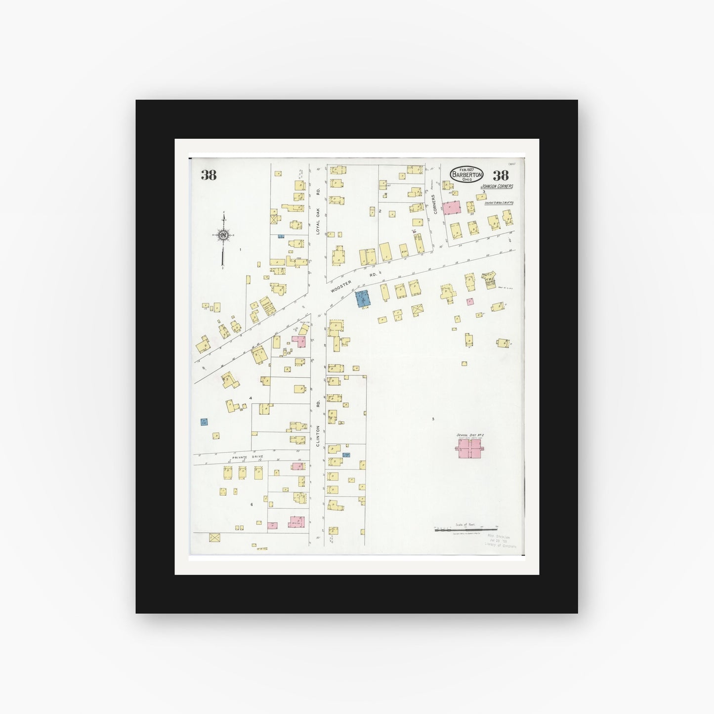 Old map wall art mockup — black gallery frame with white mat — Sanborn Fire Insurance Map from Barberton, Summit County, Ohio (1927), Sheet #0038