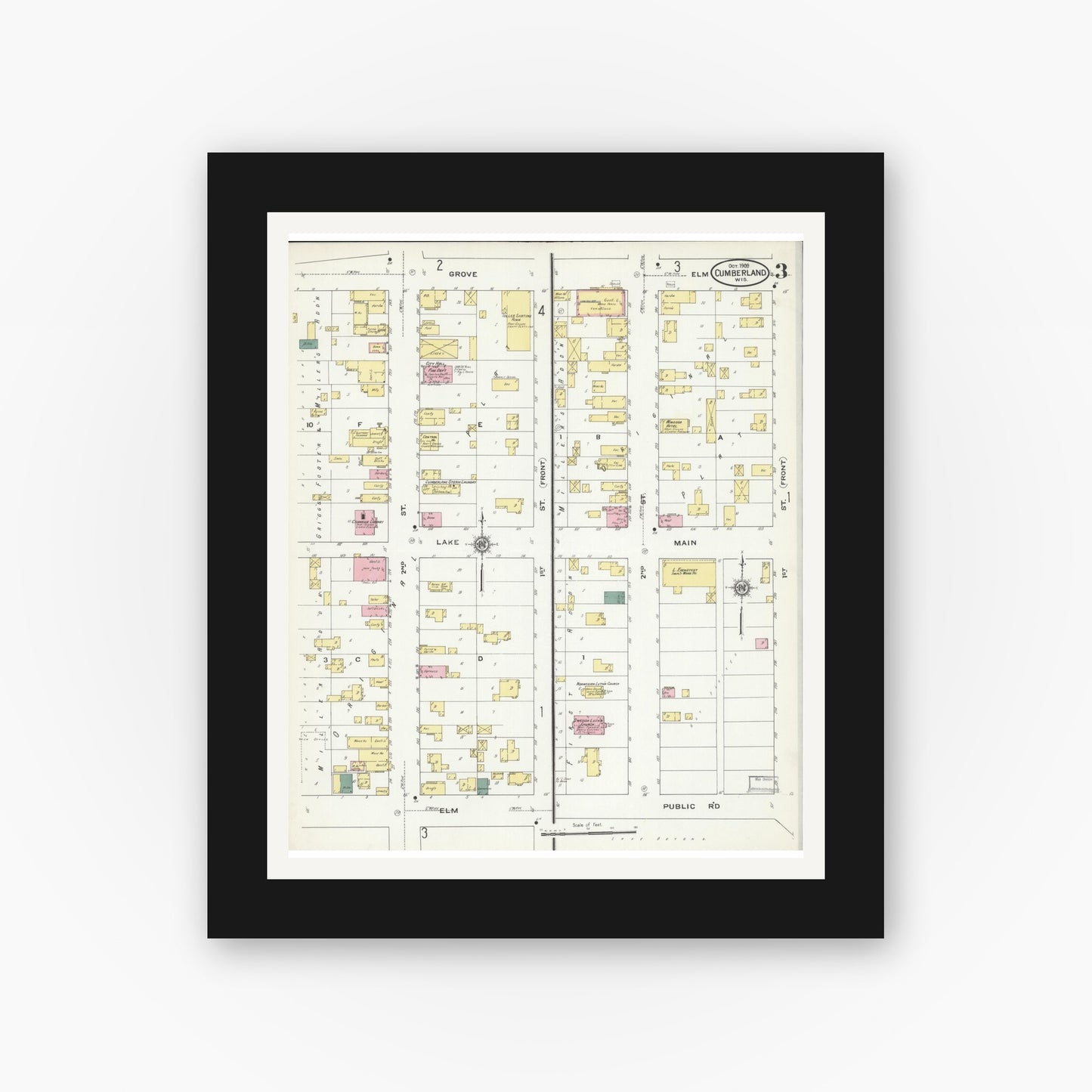 Old map wall art mockup — black gallery frame with white mat — Sanborn Fire Insurance Map from Cumberland, Barron County, Wisconsin (1909), Sheet #0003