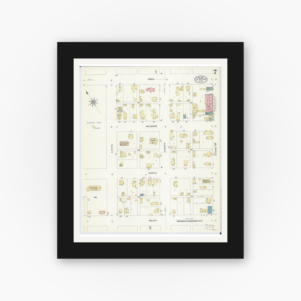 Old map wall art mockup — black gallery frame with white mat — Sanborn Fire Insurance Map from Saint Peter, Nicollet County, Minnesota (1908), Sheet #0007