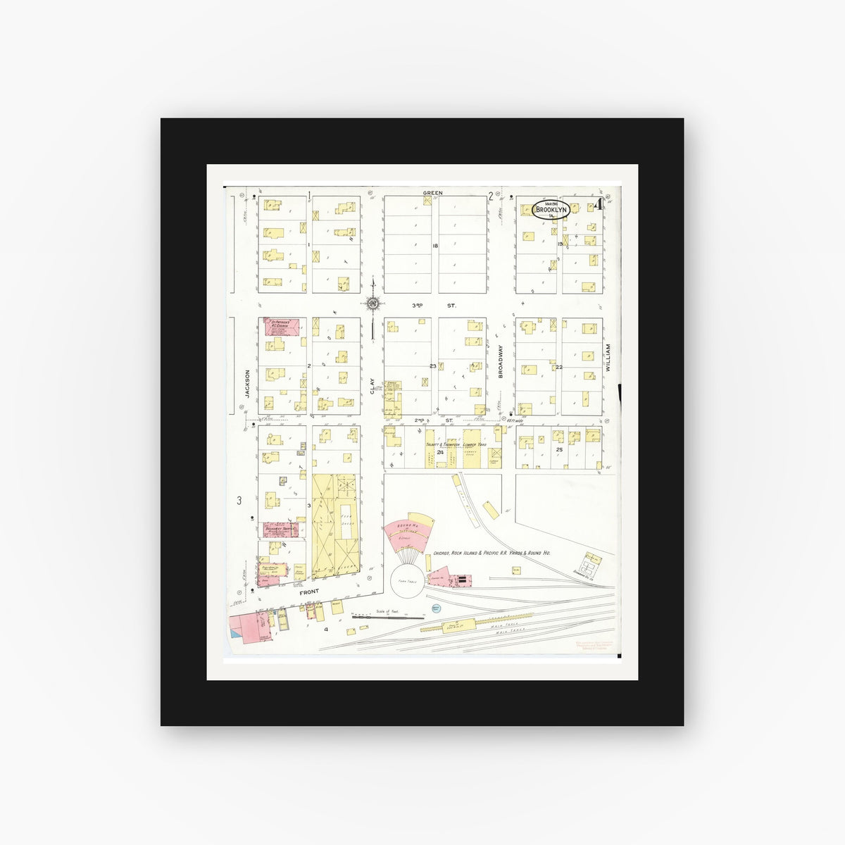 Old map wall art mockup — black gallery frame with white mat — Sanborn Fire Insurance Map from Brooklyn, Poweshiek County, Iowa (1916), Sheet #0004