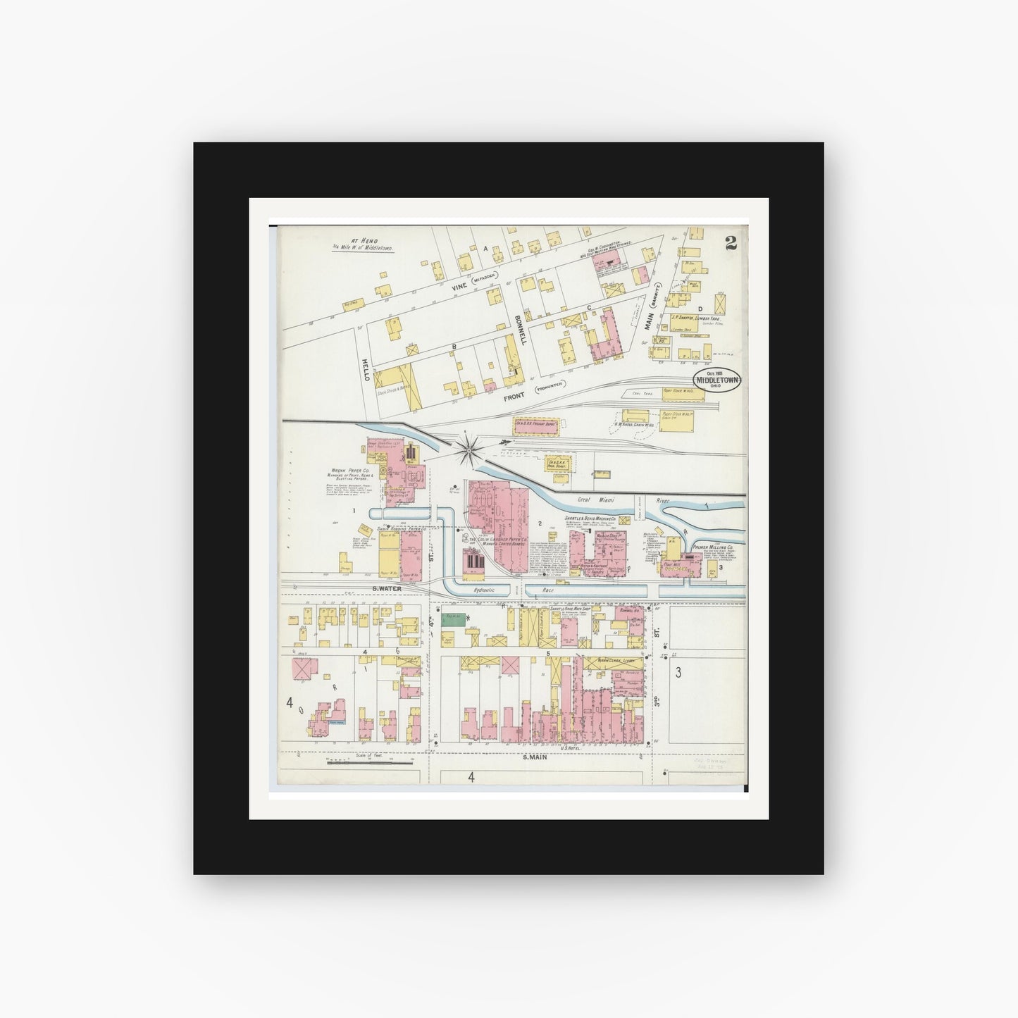 Old map wall art mockup — black gallery frame with white mat — Sanborn Fire Insurance Map from Middletown, Butler County, Ohio (1901), Sheet #0002