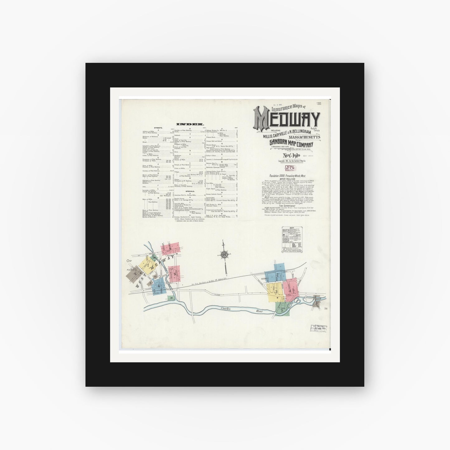 Old map wall art mockup — black gallery frame with white mat — Sanborn Fire Insurance Map from Medway, Norfolk County, Massachusetts (1910) - Complete Map Set