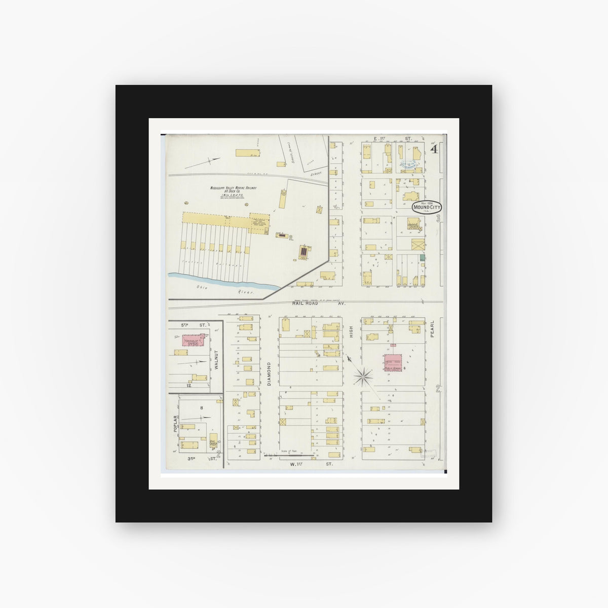 Old map wall art mockup — black gallery frame with white mat — Sanborn Fire Insurance Map from Mound City, Pulaski County, Illinois (1894), Sheet #0004