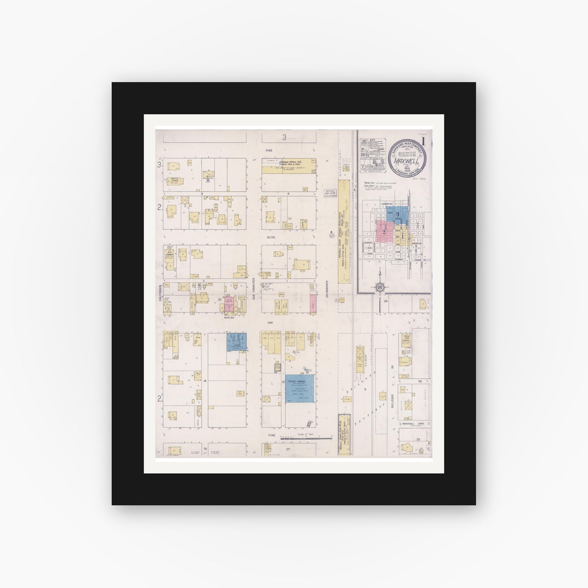 Old map wall art mockup — black gallery frame with white mat — Sanborn Fire Insurance Map from Maxwell, Colusa County, California (1920), Sheet #0001