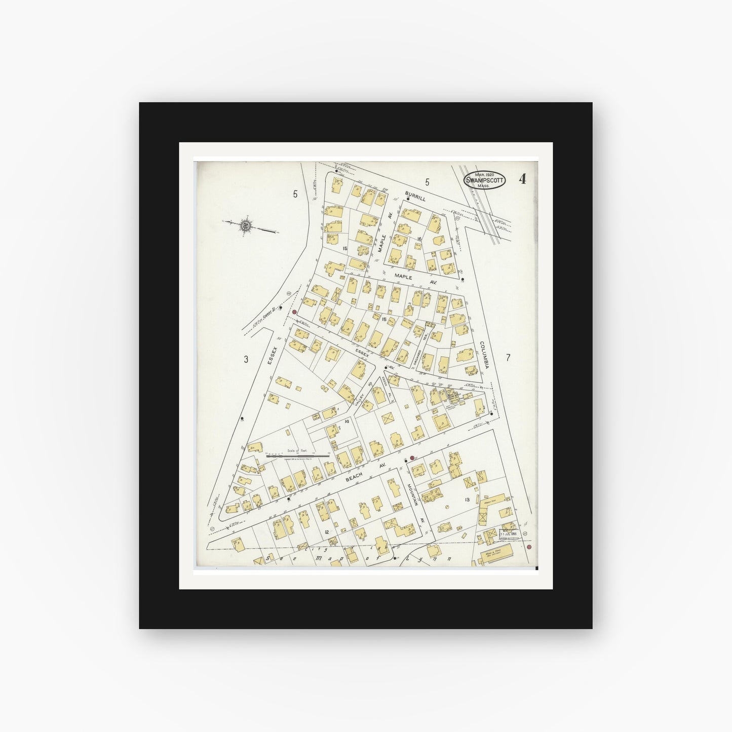 Old map wall art mockup — black gallery frame with white mat — Sanborn Fire Insurance Map from Swampscott, Essex County, Massachusetts (1920), Sheet #0004