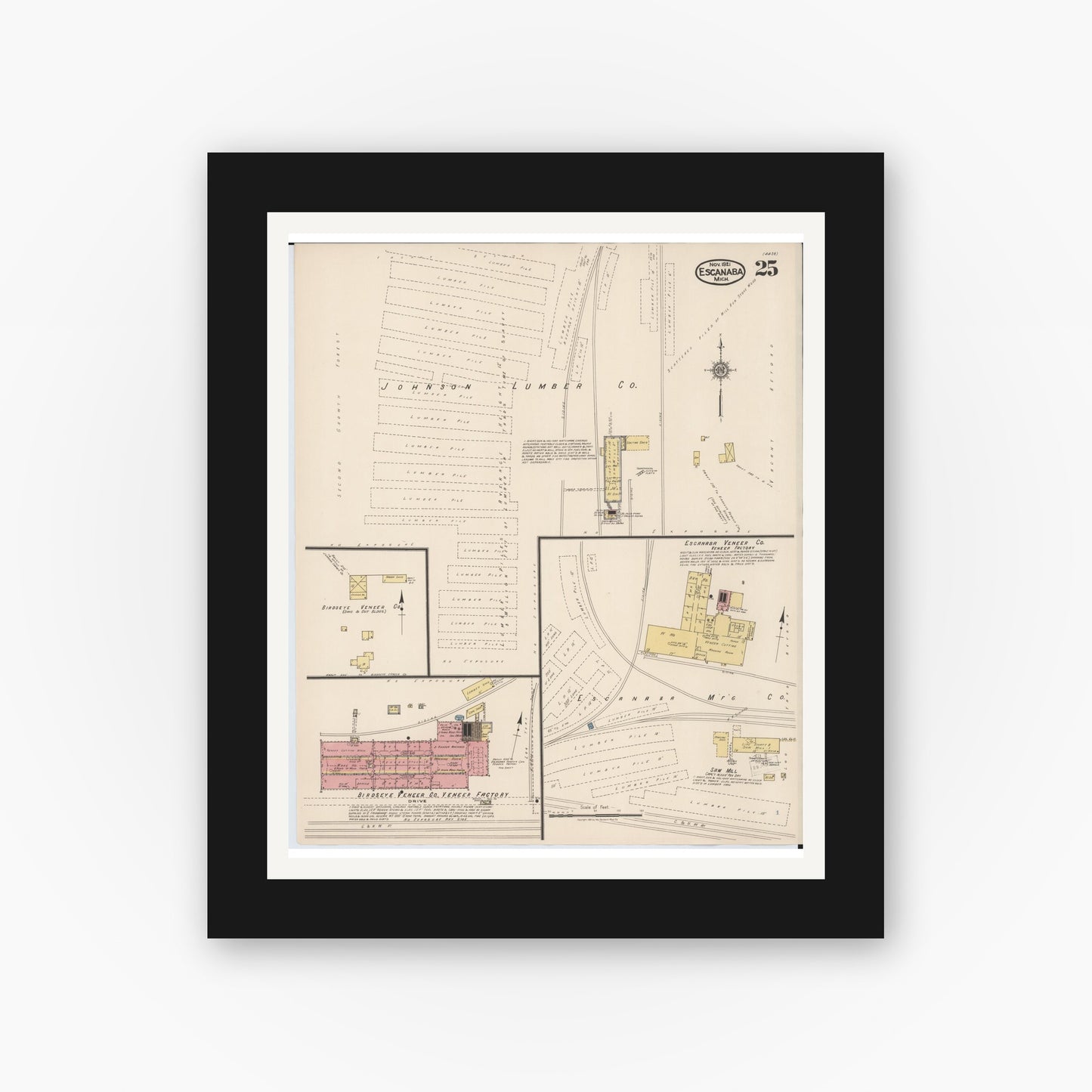 Old map wall art mockup — black gallery frame with white mat — Sanborn Fire Insurance Map from Escanaba, Delta County, Michigan (1921), Sheet #0025