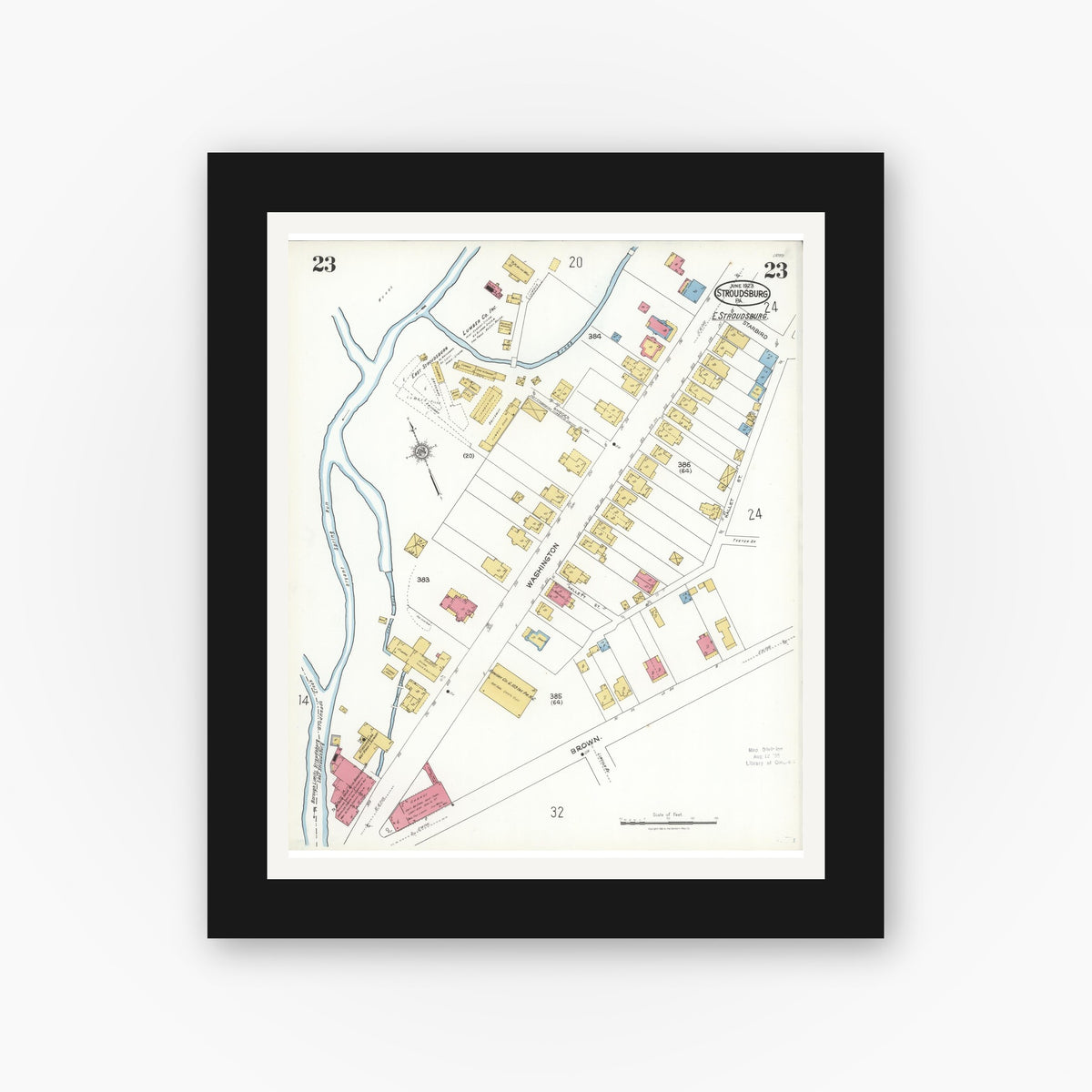 Old map wall art mockup — black gallery frame with white mat — Sanborn Fire Insurance Map from Stroudsburg, Monroe County, Pennsylvania (1923), Sheet #0023