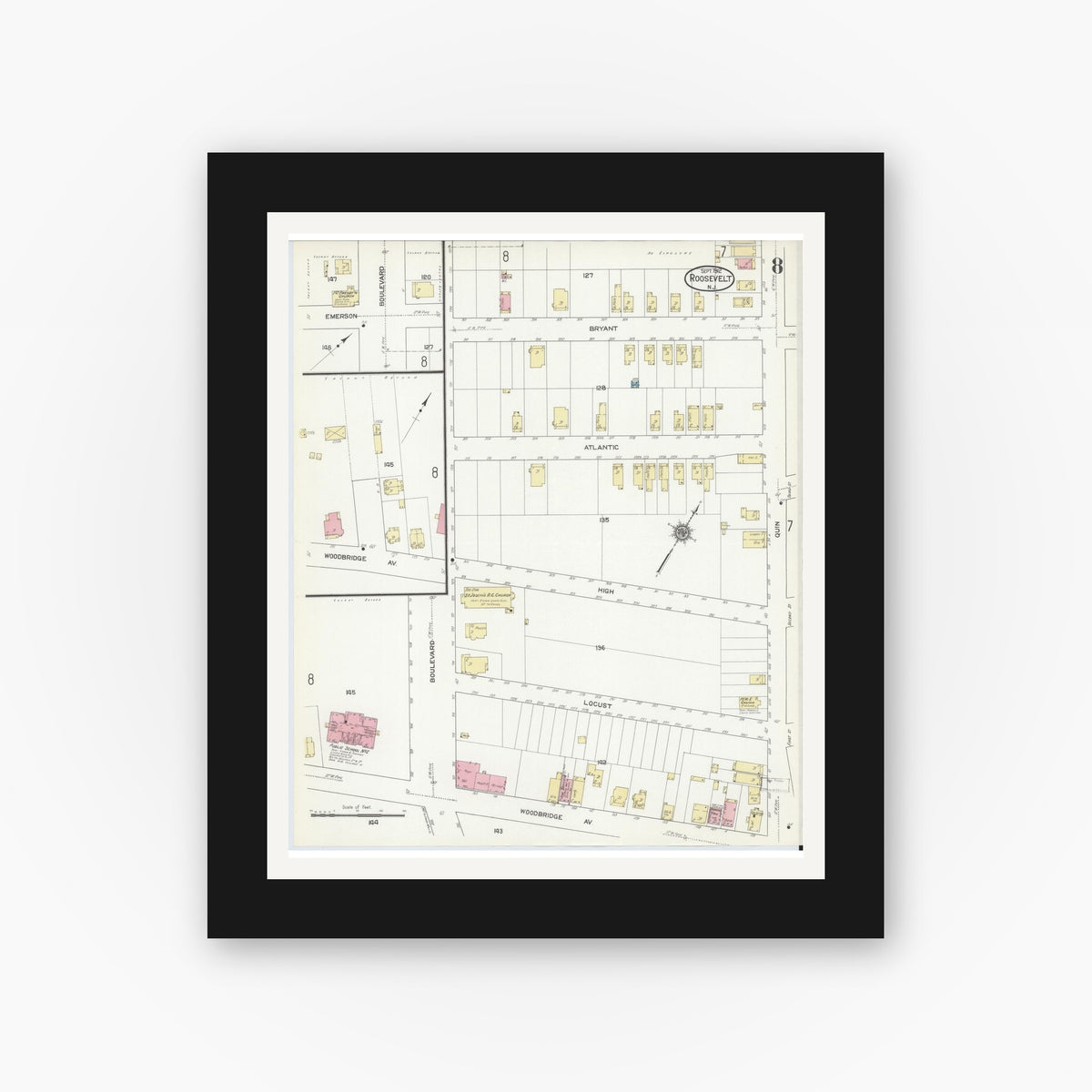 Old map wall art mockup — black gallery frame with white mat — Sanborn Fire Insurance Map from Roosevelt, Middlesex County, New Jersey (1912), Sheet #0008