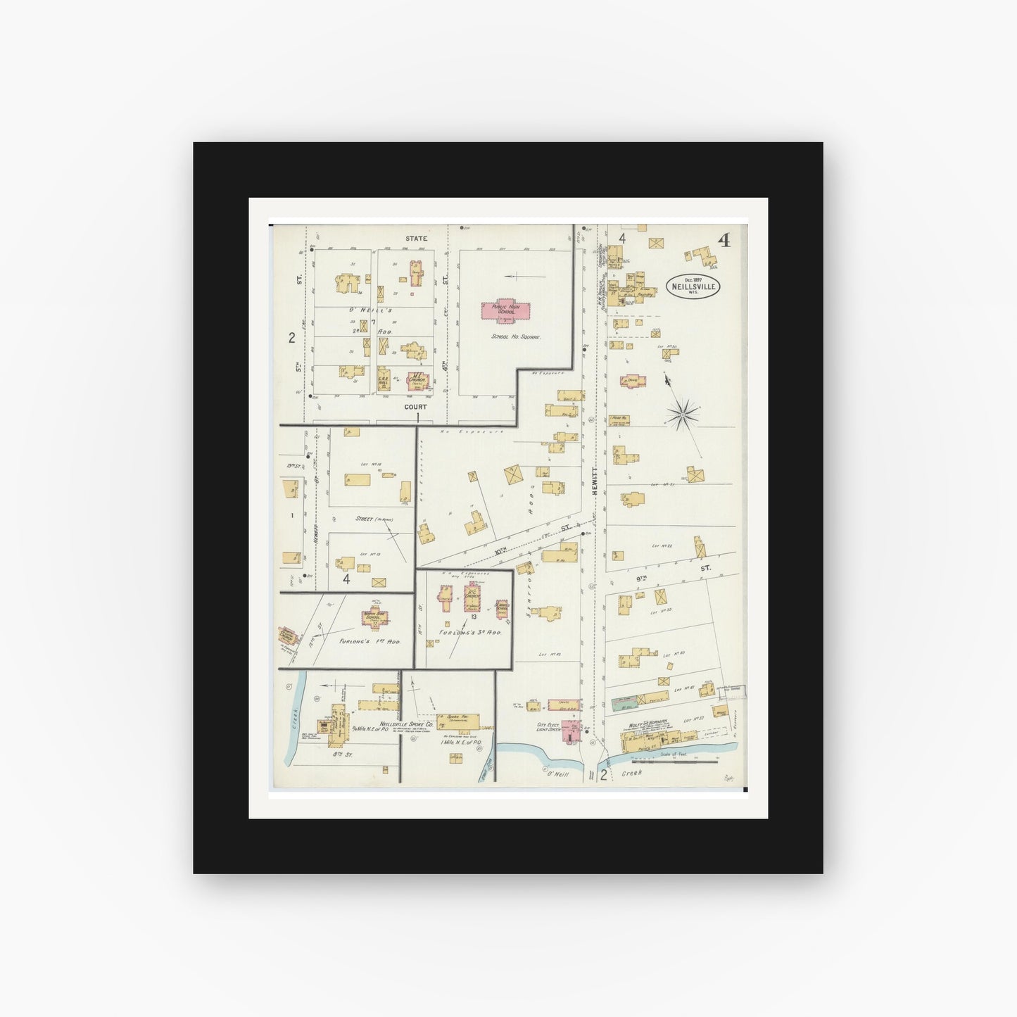 Old map wall art mockup — black gallery frame with white mat — Sanborn Fire Insurance Map from Neillsville, Clark County, Wisconsin (1897), Sheet #0004