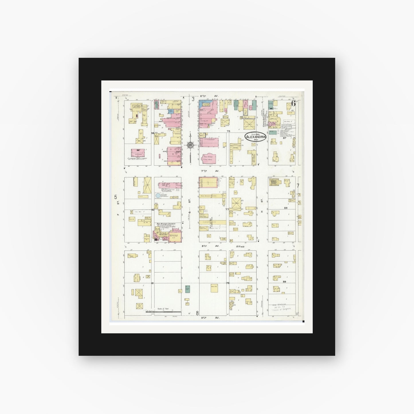 Old map wall art mockup — black gallery frame with white mat — Sanborn Fire Insurance Map from Alexandria, Douglas County, Minnesota (1909), Sheet #0006