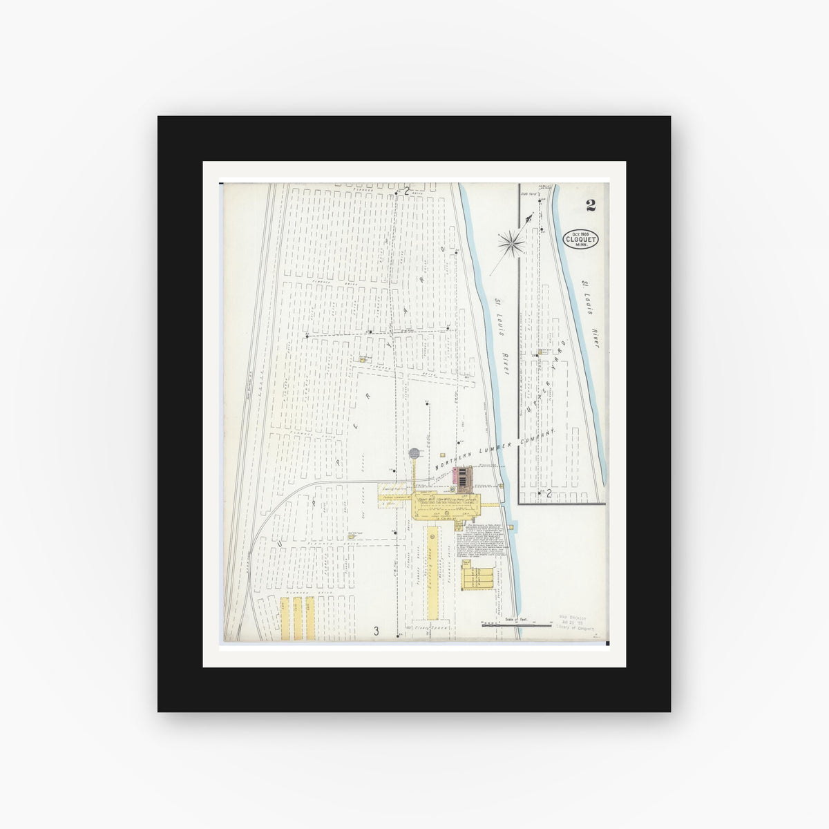Old map wall art mockup — black gallery frame with white mat — Sanborn Fire Insurance Map from Cloquet, Carlton County, Minnesota (1905), Sheet #0002