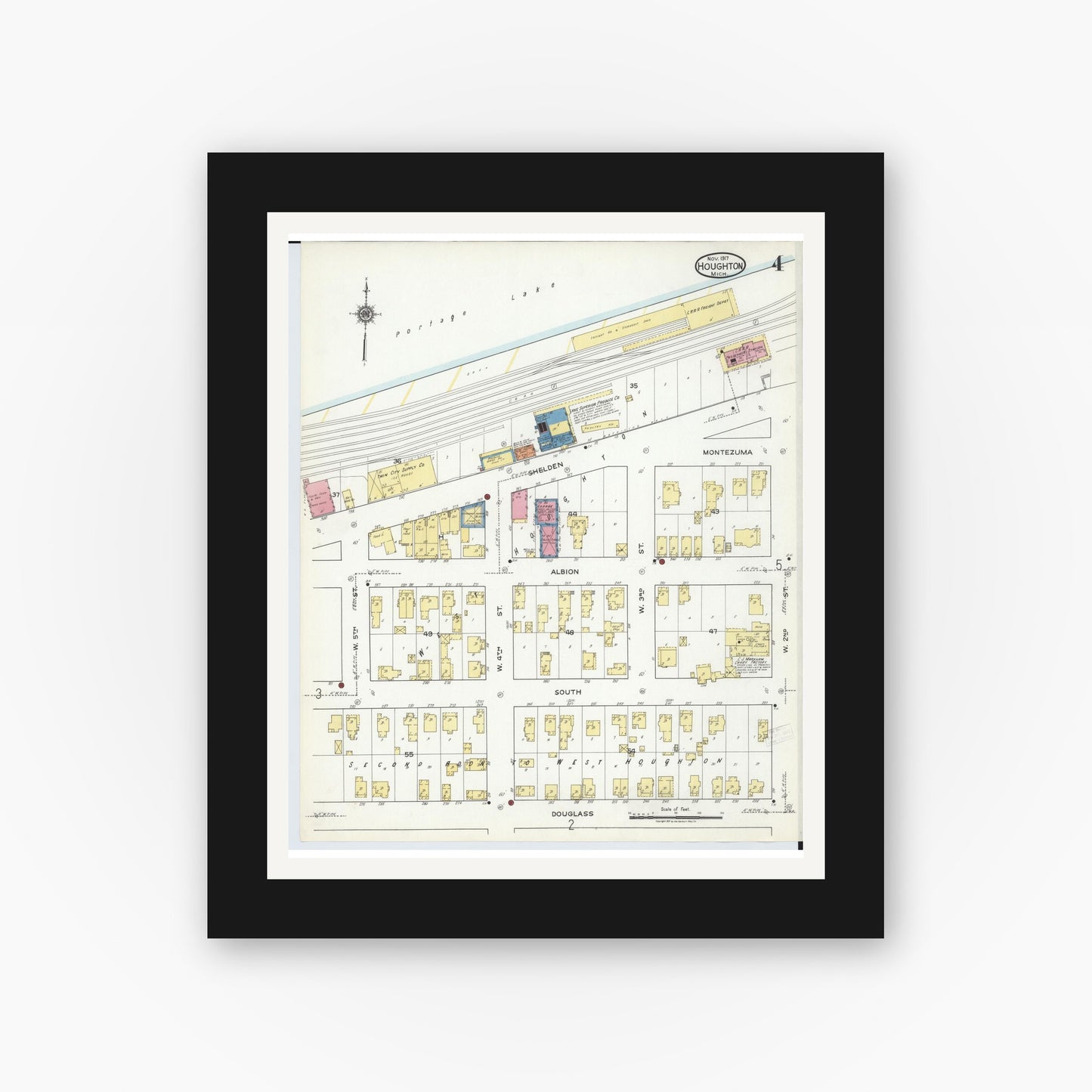 Old map wall art mockup — black gallery frame with white mat — Sanborn Fire Insurance Map from Houghton, Houghton County, Michigan (1917), Sheet #0004