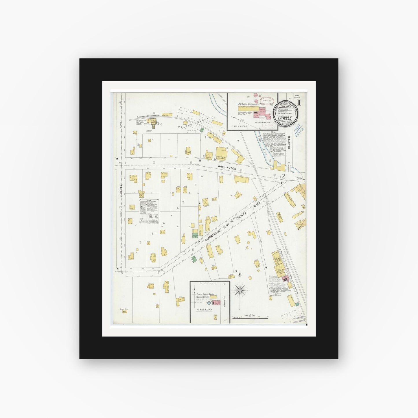 Old map wall art mockup — black gallery frame with white mat — Sanborn Fire Insurance Map from Lowell, Lake County, Indiana (1899) - Complete Map Set