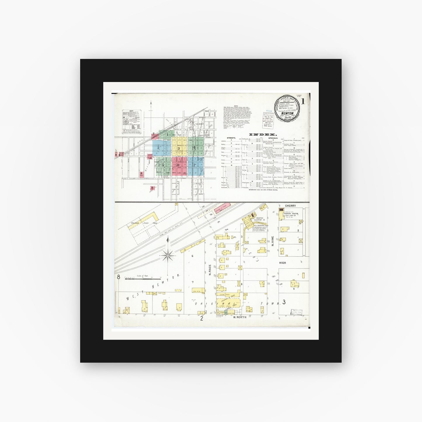Old map wall art mockup — black gallery frame with white mat — Sanborn Fire Insurance Map from Newton, Jasper County, Iowa (1900) — Complete Set