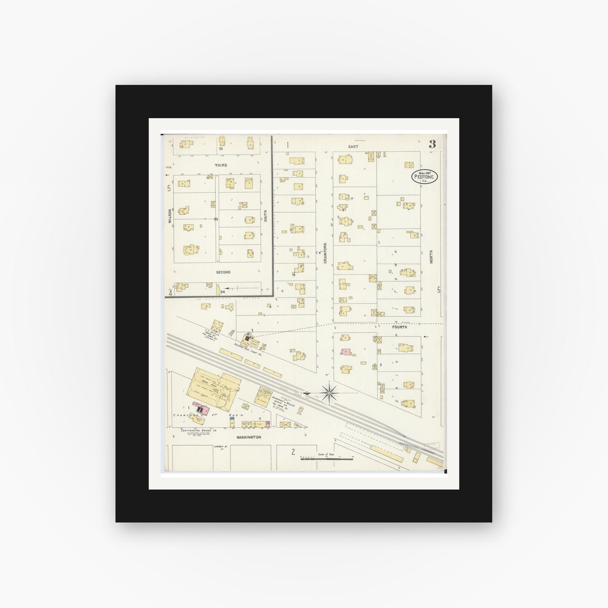 Old map wall art mockup — black gallery frame with white mat — Sanborn Fire Insurance Map from Peotone, Will County, Illinois (1907), Sheet #0003