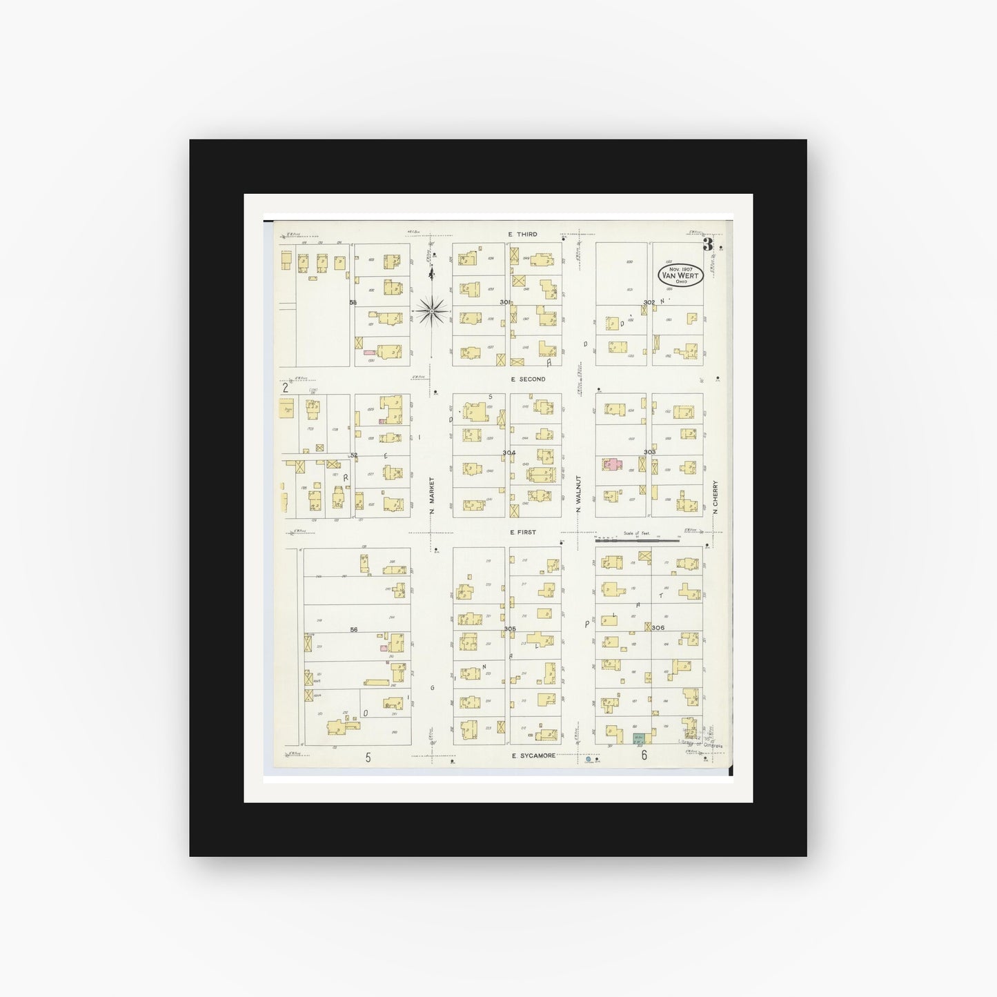 Old map wall art mockup — black gallery frame with white mat — Sanborn Fire Insurance Map from Van Wert, Van Wert County, Ohio (1907), Sheet #0003
