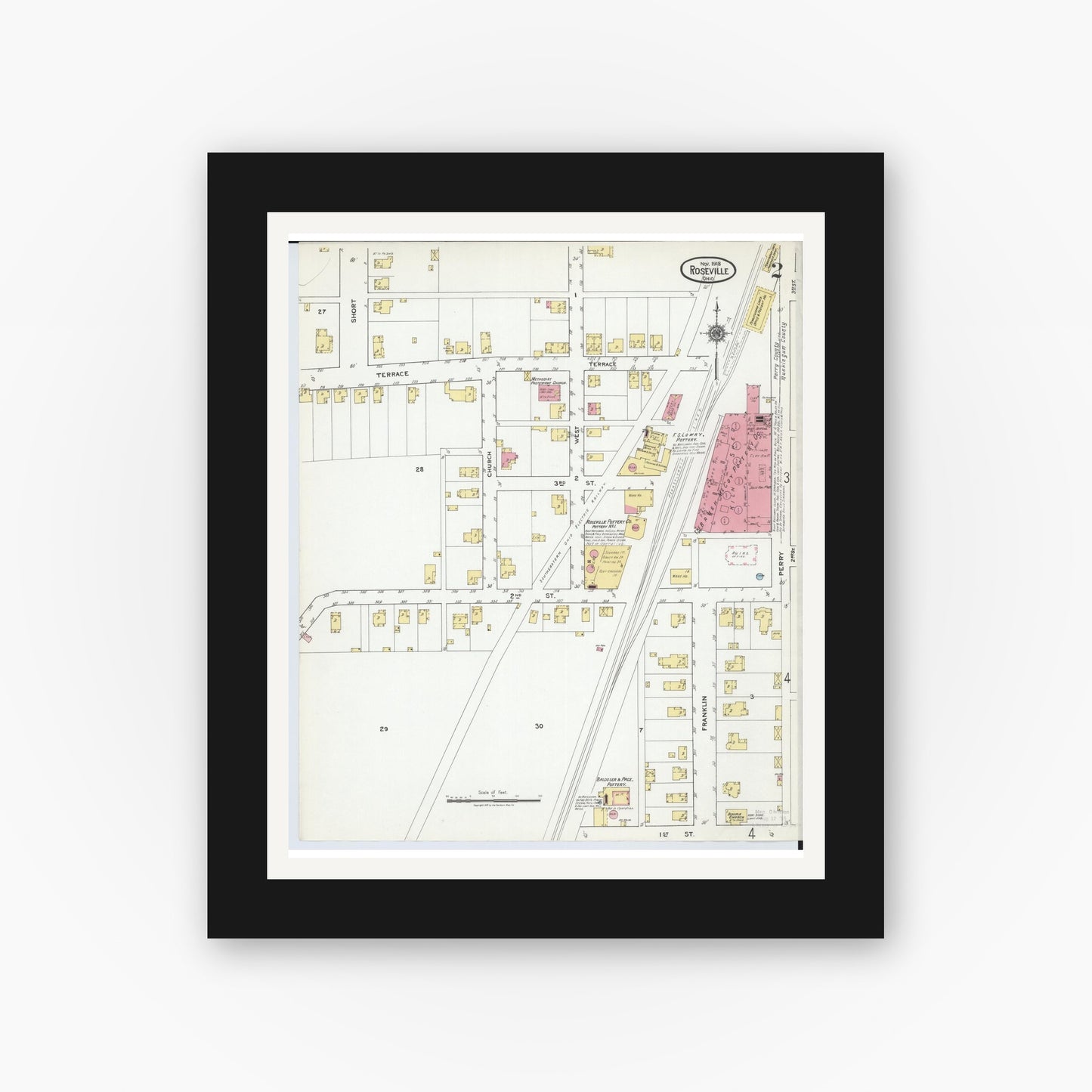 Old map wall art mockup — black gallery frame with white mat — Sanborn Fire Insurance Map from Roseville, Perry And Muskingum Counties, Ohio (1918), Sheet #0002