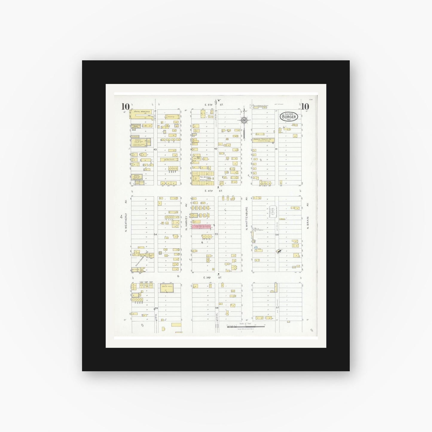 Old map wall art mockup — black gallery frame with white mat — Sanborn Fire Insurance Map from Borger, Hutchinson County, Texas (1928), Sheet #0010