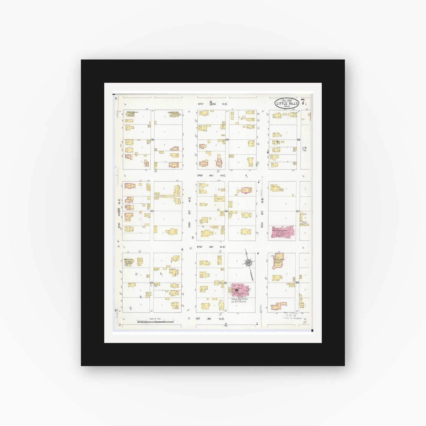 Old map wall art mockup — black gallery frame with white mat — Sanborn Fire Insurance Map from Little Falls, Morrison County, Minnesota (1909), Sheet #0007