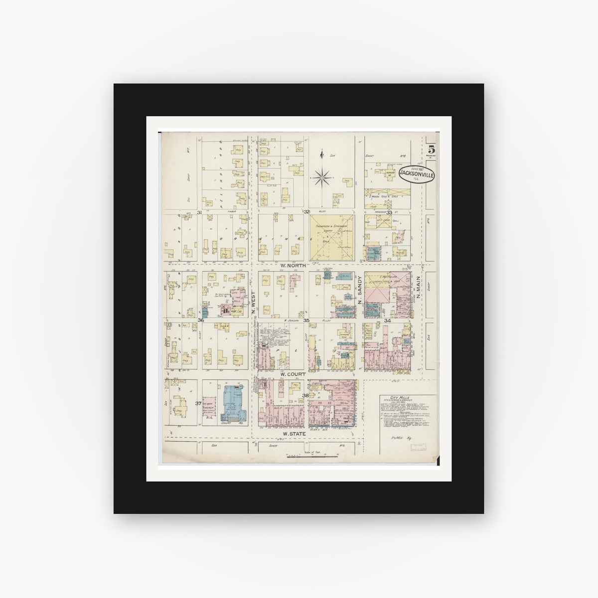 Old map wall art mockup β black gallery frame with white mat β Sanborn Fire Insurance Map from Jacksonville, Morgan County, Illinois (1887), Sheet #0005