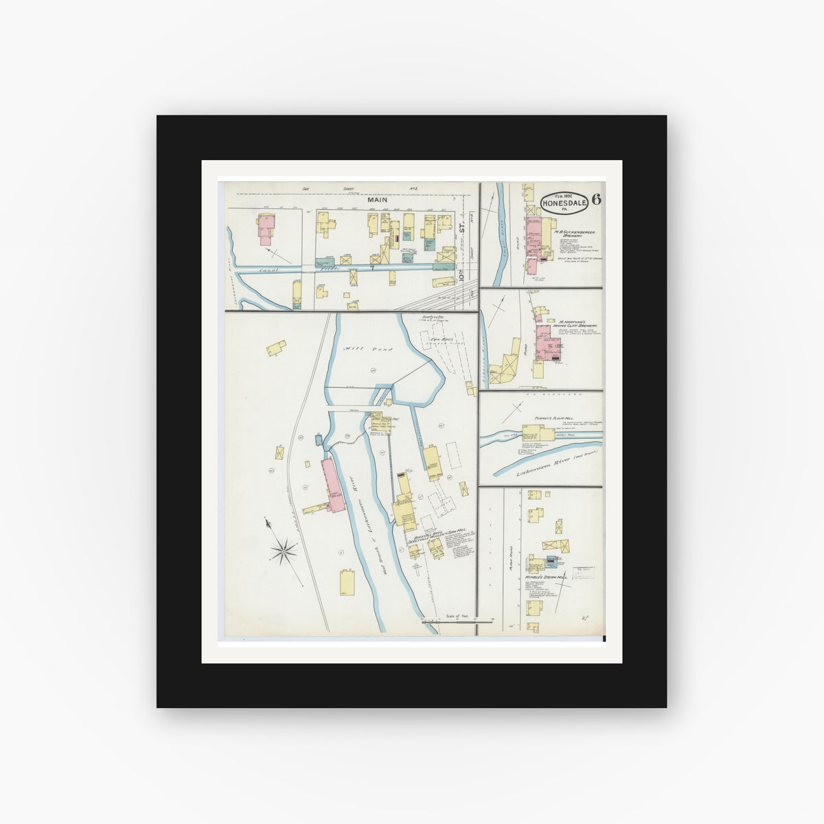Old map wall art mockup — black gallery frame with white mat — Sanborn Fire Insurance Map from Honesdale, Wayne County, Pennsylvania (1892), Sheet #0006