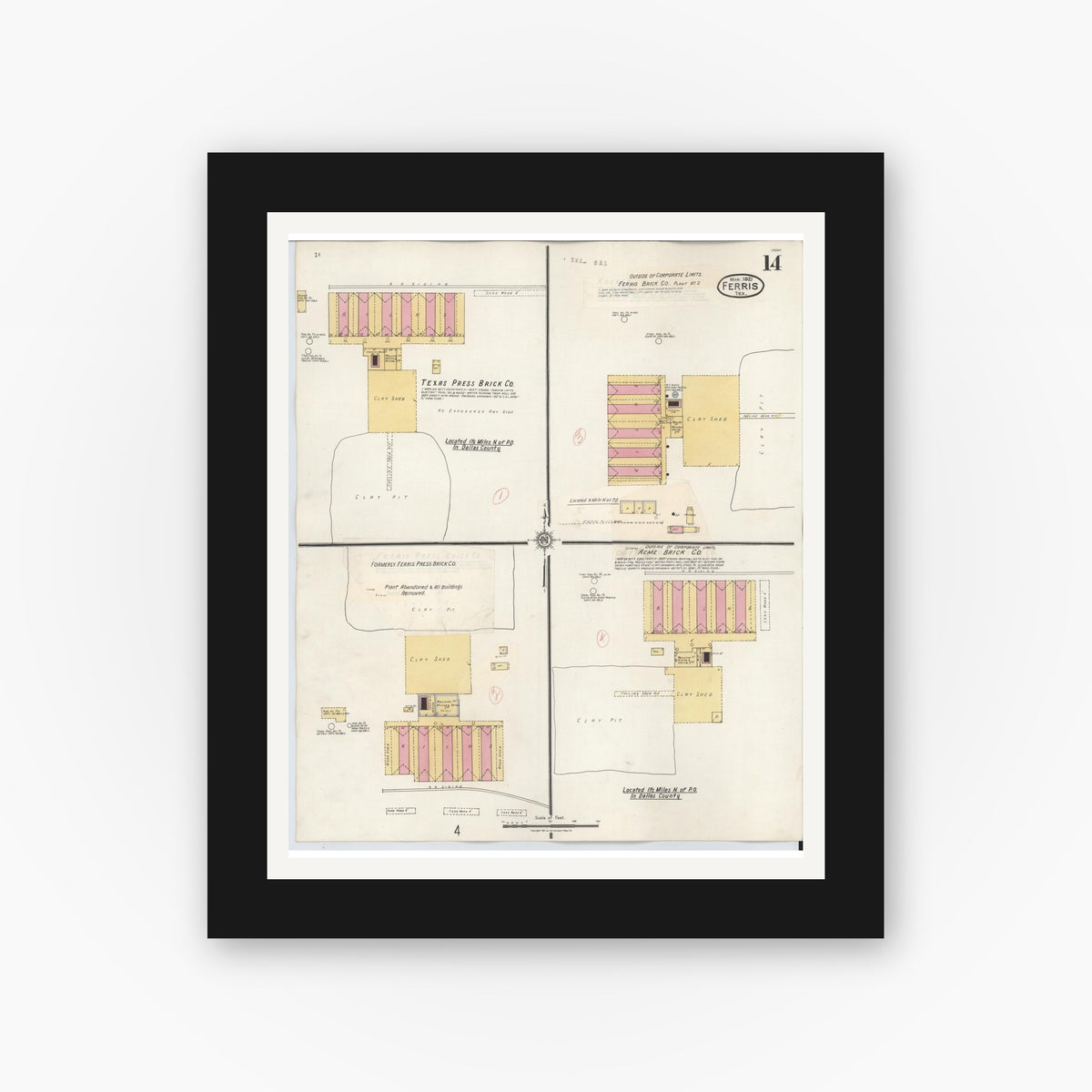 Old map wall art mockup — black gallery frame with white mat — Sanborn Fire Insurance Map from Ferris, Ellis County, Texas (1941), Sheet #0014