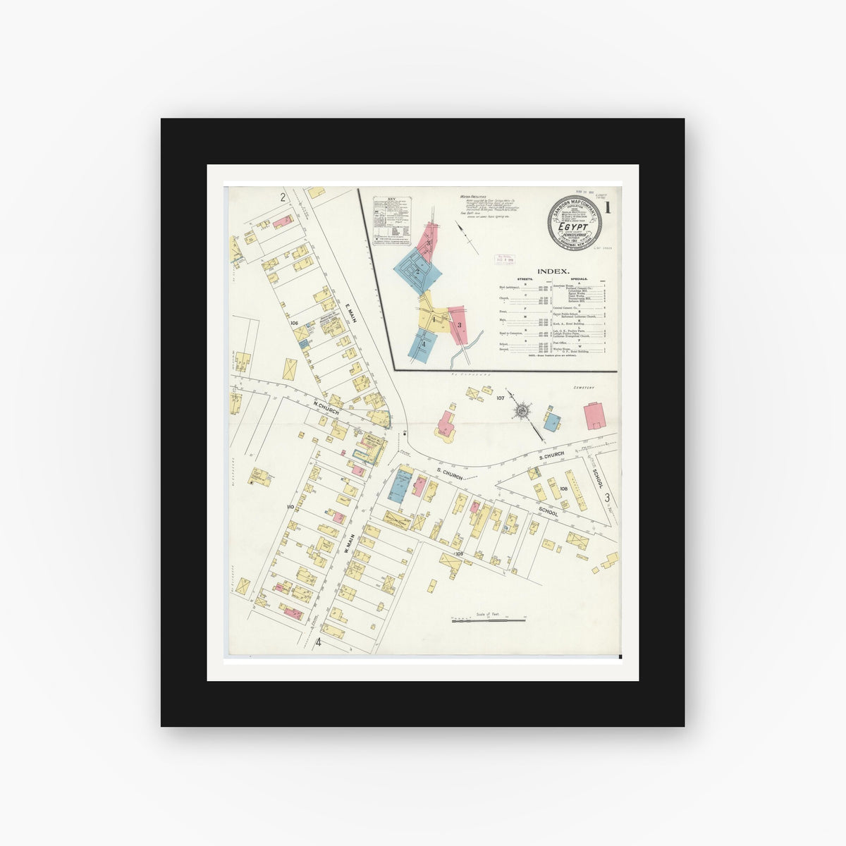 Old map wall art mockup — black gallery frame with white mat — Sanborn Fire Insurance Map from Egypt, Lehigh County, Pennsylvania (1911), Sheet #0001