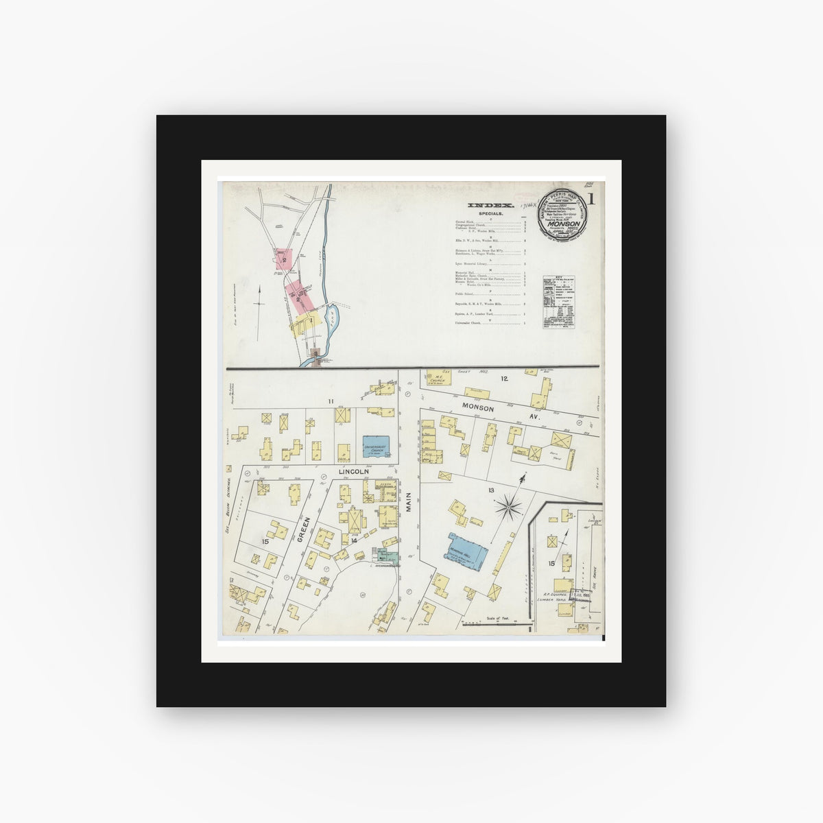 Old map wall art mockup — black gallery frame with white mat — Sanborn Fire Insurance Map from Monson, Hampden County, Massachusetts (1892) - Complete Map Set