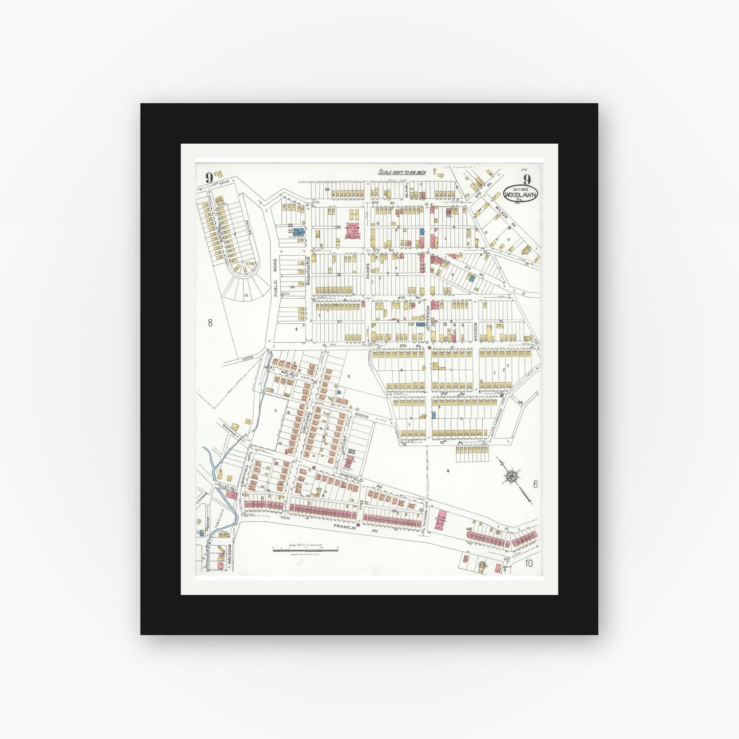 Old map wall art mockup — black gallery frame with white mat — Sanborn Fire Insurance Map from Woodlawn, Beaver County, Pennsylvania (1923), Sheet #0009