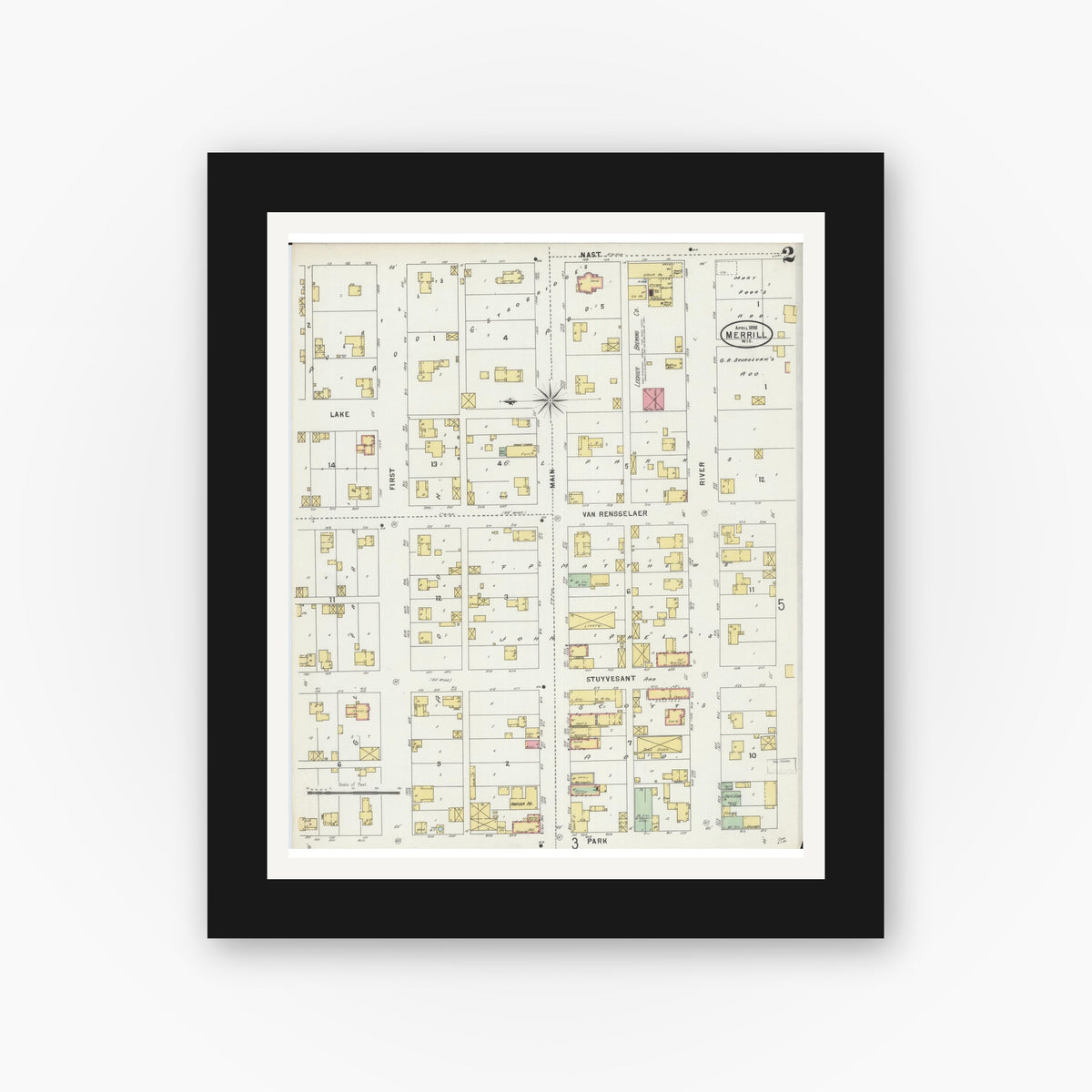 Old map wall art mockup — black gallery frame with white mat — Sanborn Fire Insurance Map from Merrill, Lincoln County, Wisconsin (1898), Sheet #0002