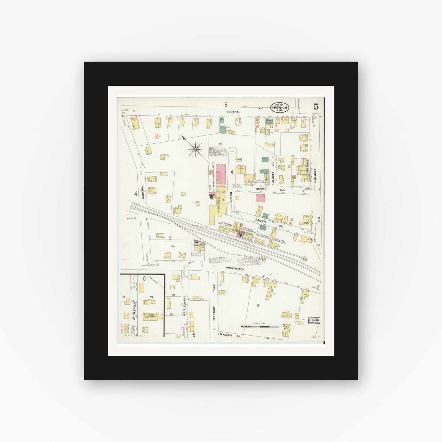 Old map wall art mockup — black gallery frame with white mat — Sanborn Fire Insurance Map from Ipswich, Essex County, Massachusetts (1907), Sheet #0005