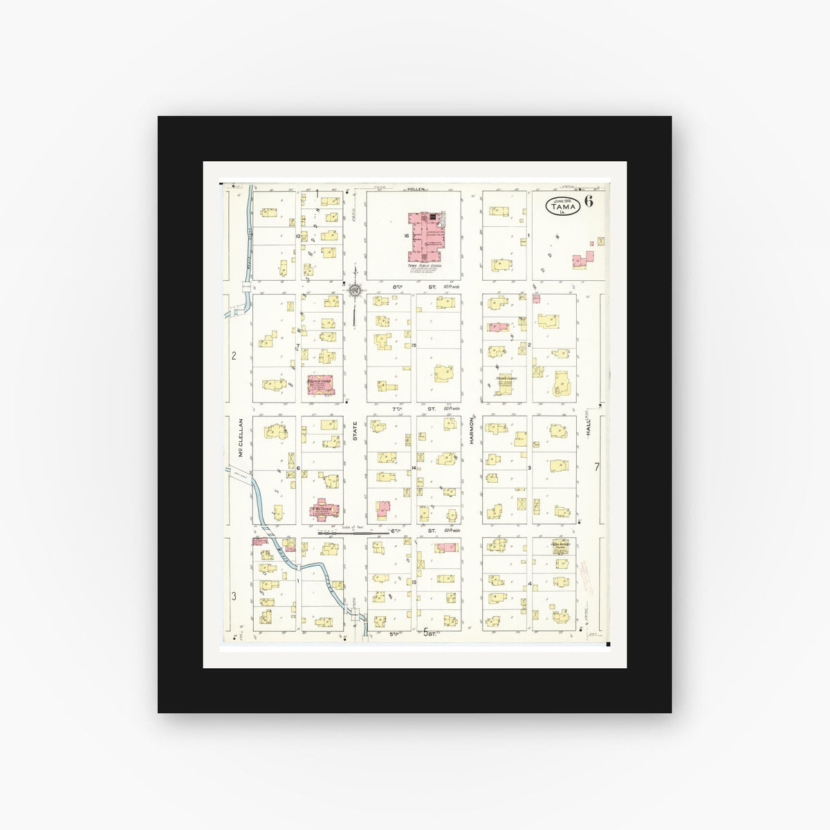 Old map wall art mockup — black gallery frame with white mat — Sanborn Fire Insurance Map from Tama, Tama County, Iowa (1915), Sheet #0006