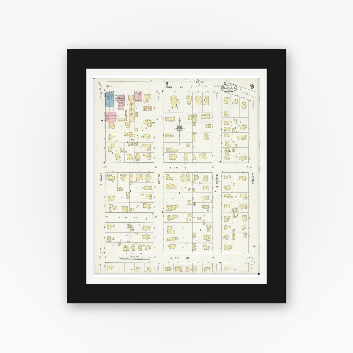 Old map wall art mockup — black gallery frame with white mat — Sanborn Fire Insurance Map from Belvidere, Boone County, Illinois (1912), Sheet #0009