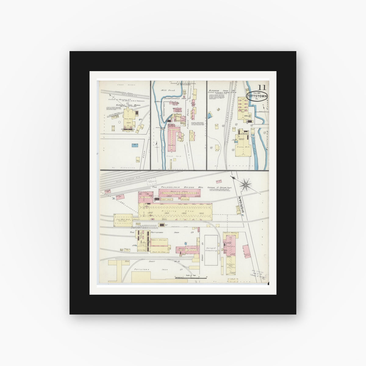 Old map wall art mockup — black gallery frame with white mat — Sanborn Fire Insurance Map from Pottstown, Montgomery County, Pennsylvania (1891), Sheet #0011