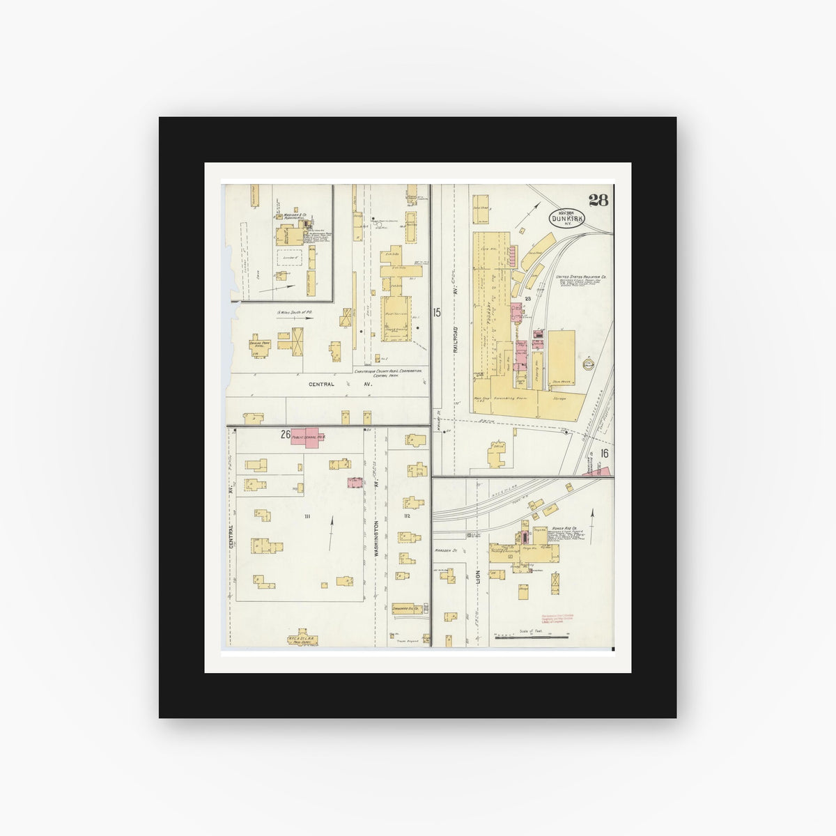 Old map wall art mockup — black gallery frame with white mat — Sanborn Fire Insurance Map from Dunkirk, Chautauqua County, New York (1904), Sheet #0028