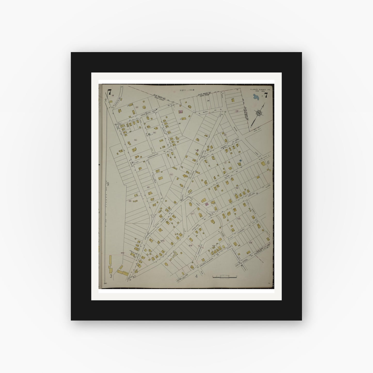 Old map wall art mockup — black gallery frame with white mat — Sanborn Fire Insurance Map from Clark's Summit, Lackawanna County, Pennsylvania (1942), Sheet #0007