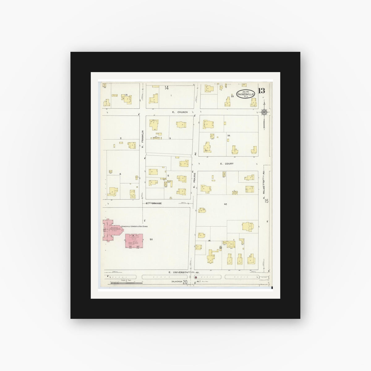Old map wall art mockup — black gallery frame with white mat — Sanborn Fire Insurance Map from Gainesville, Alachua County, Florida (1913), Sheet #0013
