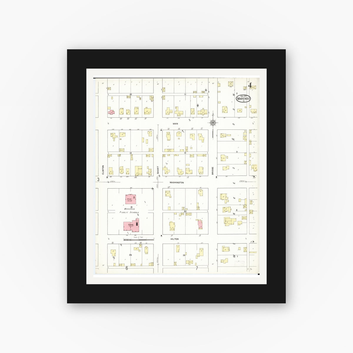 Old map wall art mockup — black gallery frame with white mat — Sanborn Fire Insurance Map from Marengo, Iowa County, Iowa (1911), Sheet #0004