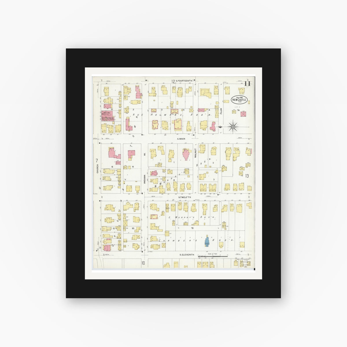 Old map wall art mockup — black gallery frame with white mat — Sanborn Fire Insurance Map from New Castle, Henry County, Indiana (1908), Sheet #0011