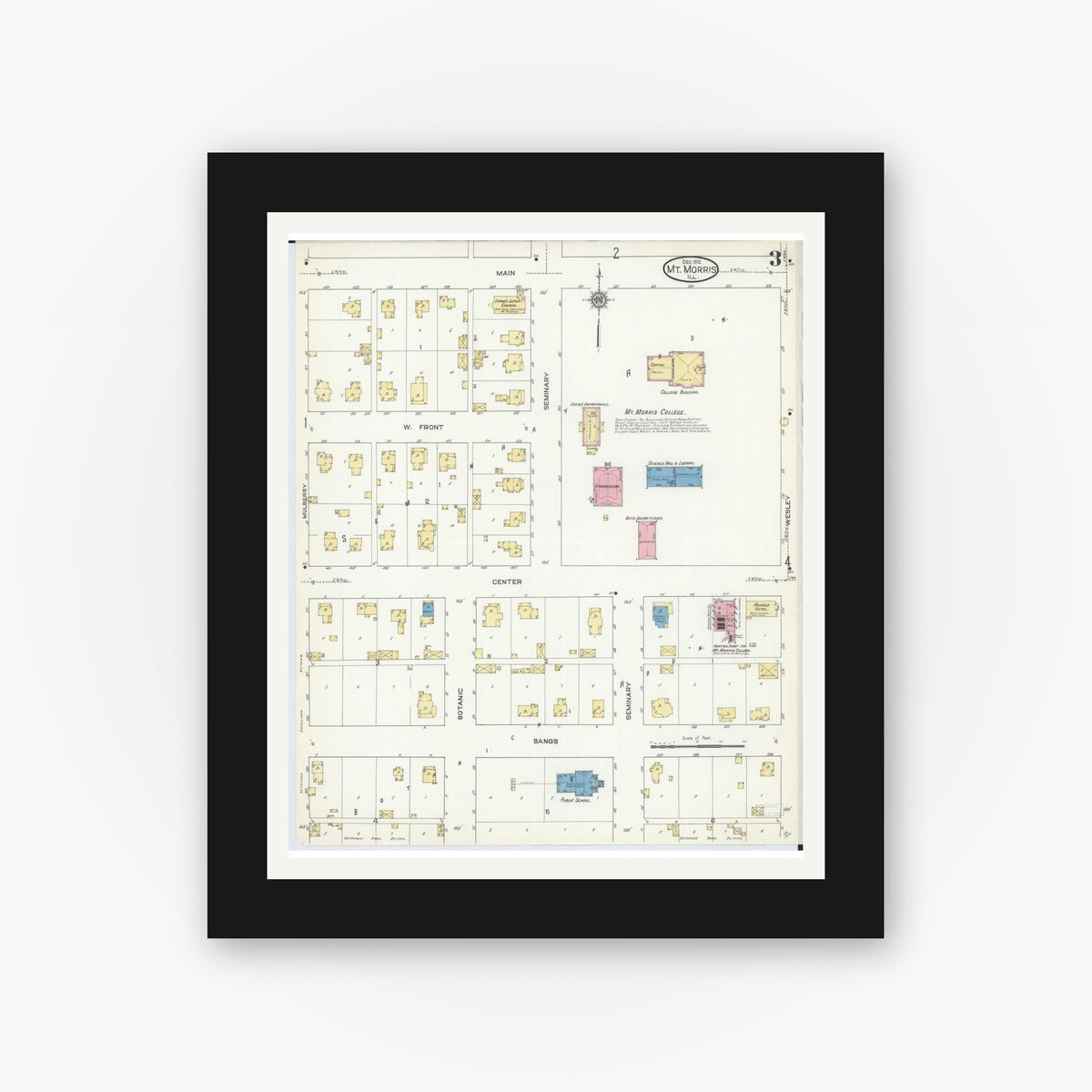 Old map wall art mockup — black gallery frame with white mat — Sanborn Fire Insurance Map from Mount Morris, Ogle County, Illinois (1912), Sheet #0003