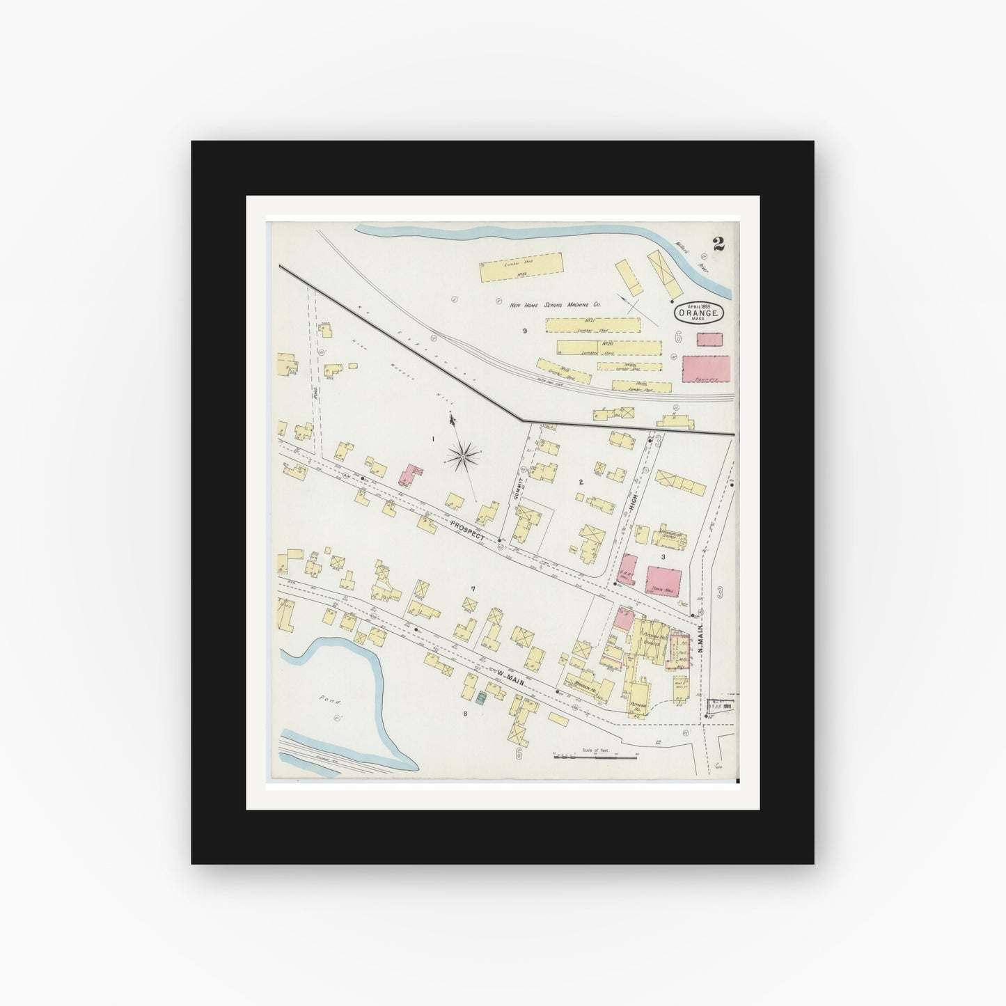 Old map wall art mockup — black gallery frame with white mat — Sanborn Fire Insurance Map from Orange, Franklin County, Massachusetts (1895), Sheet #0002