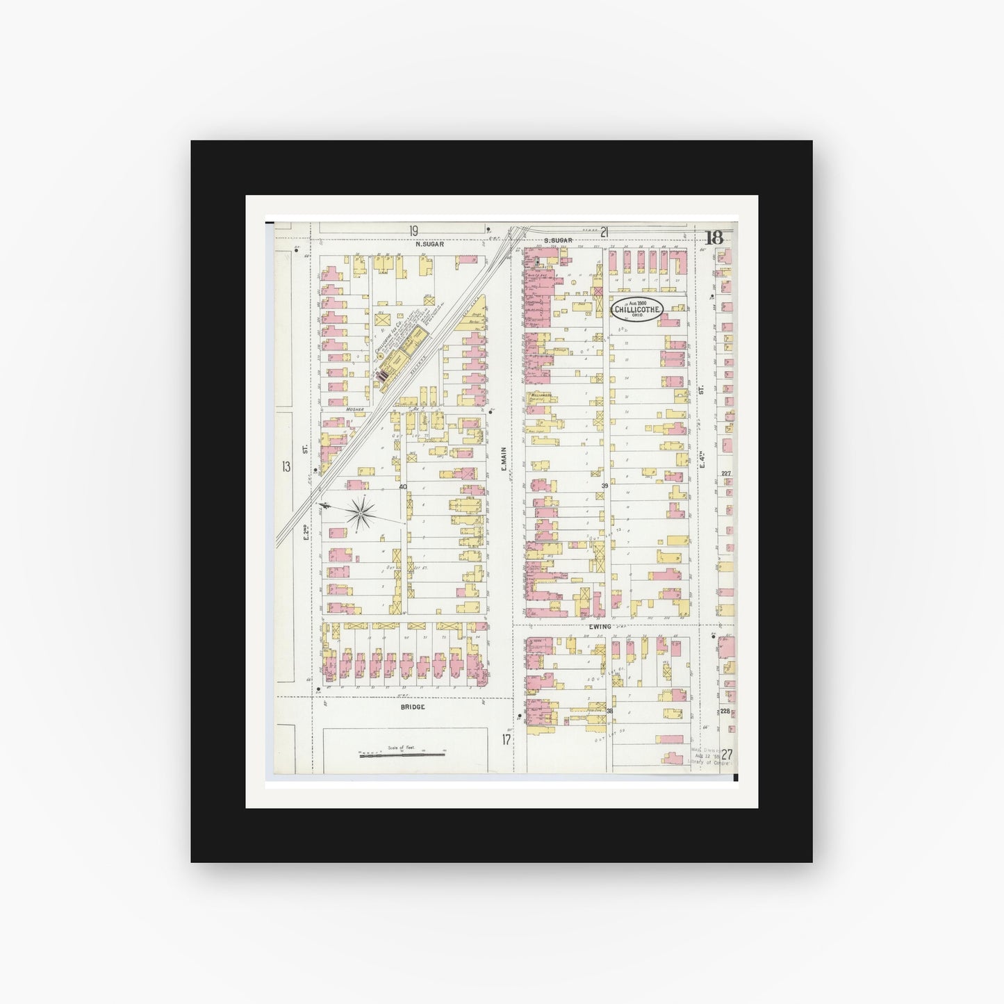 Old map wall art mockup — black gallery frame with white mat — Sanborn Fire Insurance Map from Chillicothe, Ross County, Ohio (1900), Sheet #0018