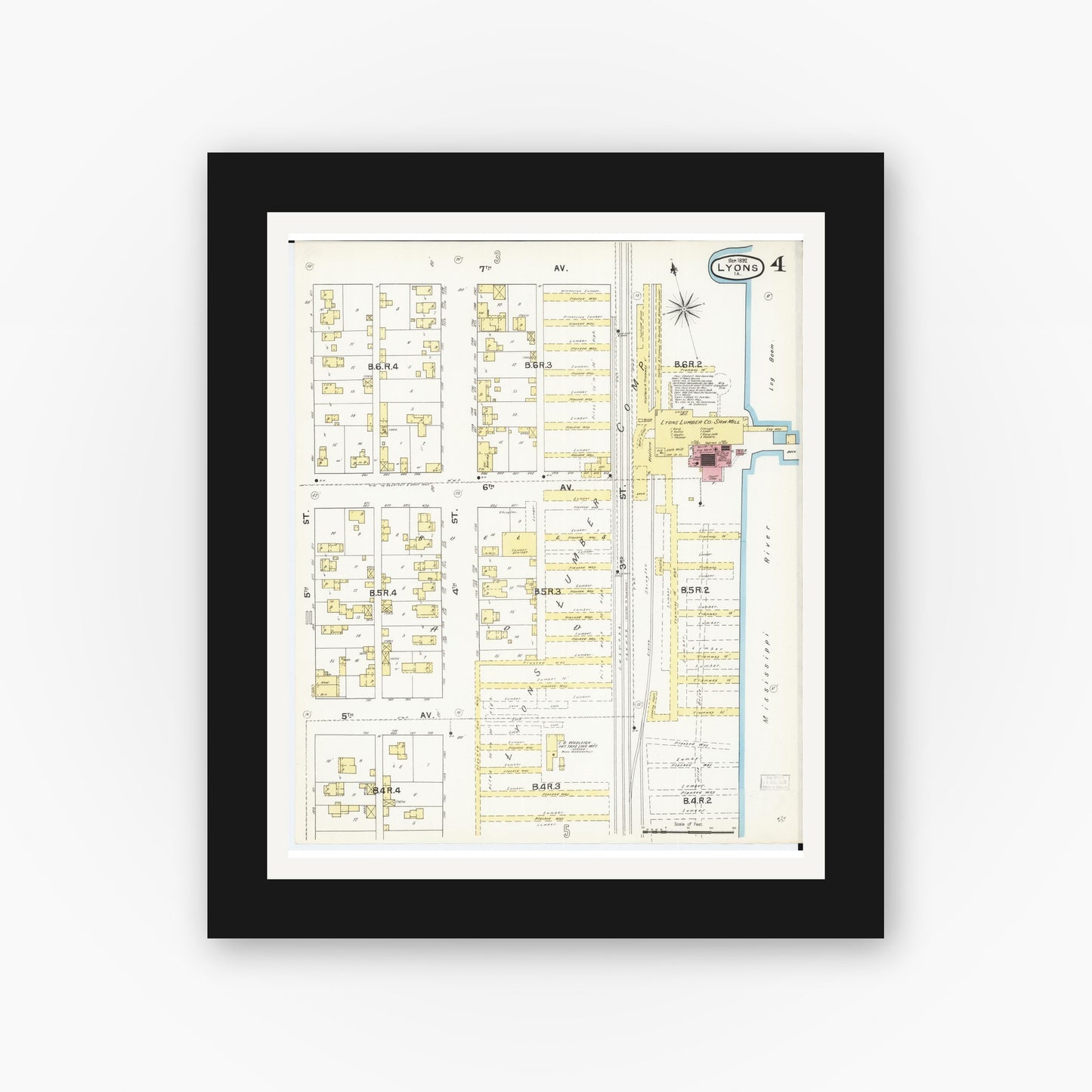 Old map wall art mockup β black gallery frame with white mat β Sanborn Fire Insurance Map from Lyons, Clinton County, Iowa (1892), Sheet #0004